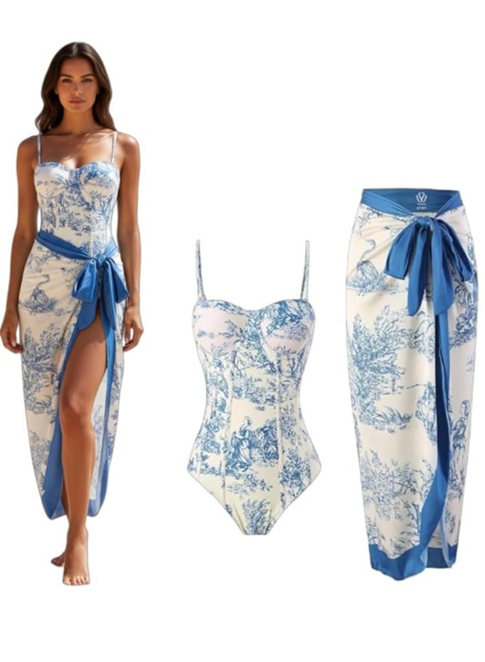 شوداي مايوه سباحة بيكيني للنساء بتصميم أوروبي أمريكي من شو داي، قطعة واحدة مع غطاء للشاطئ بنمط جيبة ملفوفة مزينة بالزهور لتغطية البطن، طقم ملابس قطعتين، البوليستر - Image 1